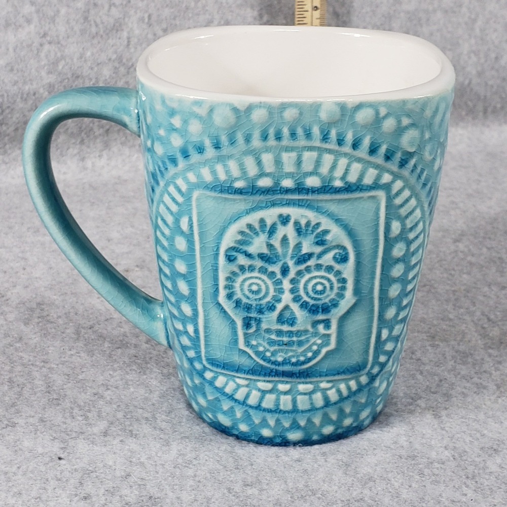 Roscher Teal Blue Sugar Skull Ceramic Mug Textured Day of the Dead Coffee Cup‎